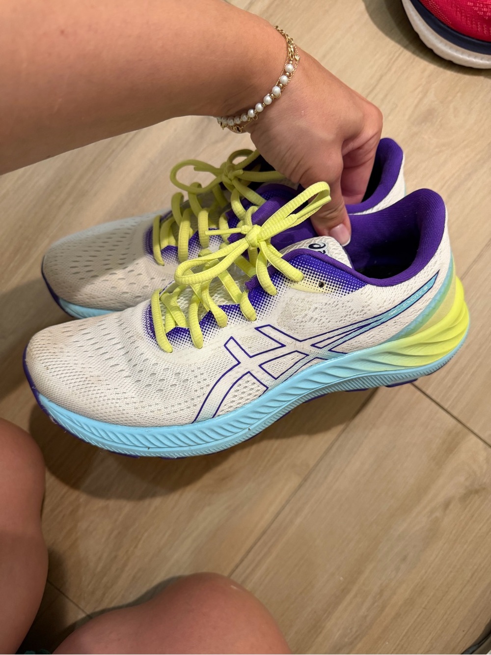 ASICS White Running Shoes with Purple Accents and Yellow Laces - Picture 2 of 4
